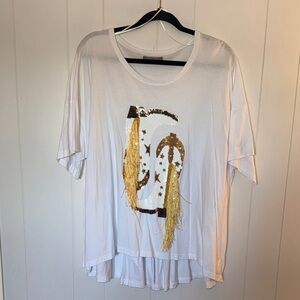 NWOT! Blueb. White and Gold Cowboy Boots with Fringe and Sequins Size L